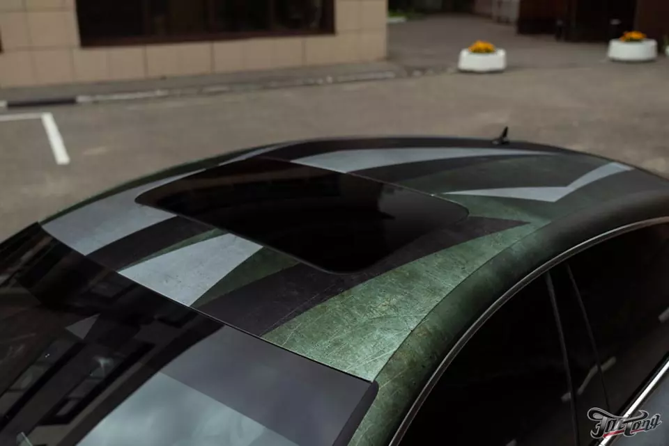 Audi A7. Разработка дизайна, печать, матовая ламинация и оклейка кузова (винилография). Установка зелёных ремней безопасноти.